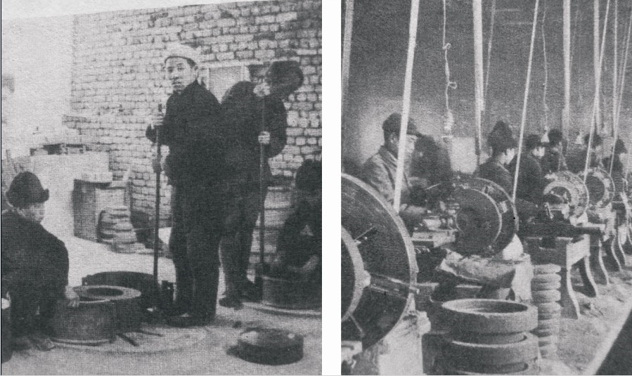 The picture shows at that time, grinding wheel molding were either made by mud casting or by hand.